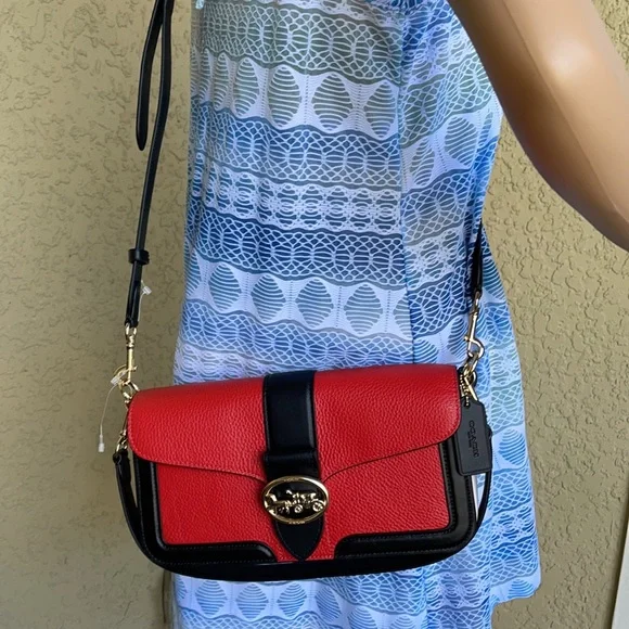 COACH Georgie Shoulder Bag In Colorblock Color: Gold/Bright Poppy Multi - Picture 16 of 16